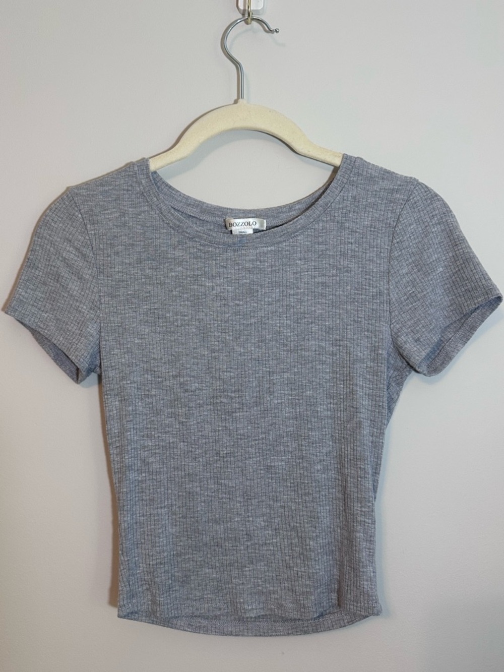 Bozzolo Womens Heather Gray Ribbed Short-Sleeve Crop Top Classic Crewneck Size S